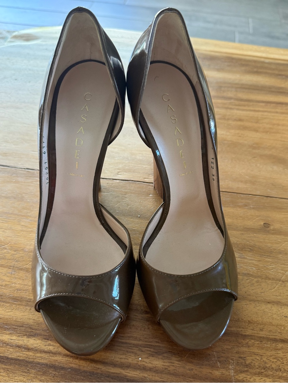 Casadei Never Worn Brown Patent Leather Peep-Toe Wedge Heels - Picture 2 of 8